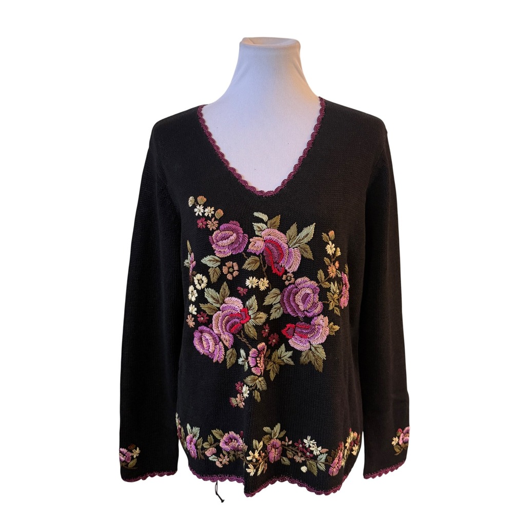 Candor Sweater Women S Black Floral Embroidered V-Neck Cottagecore Pullover